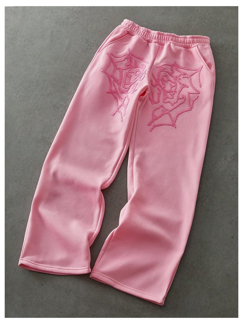 BEAUDRM Men's Y2k Spiderweb Graphic Baggy Sweatpants Elastic Waist Wide Leg Active Track Pants Streetwear Pink Medium