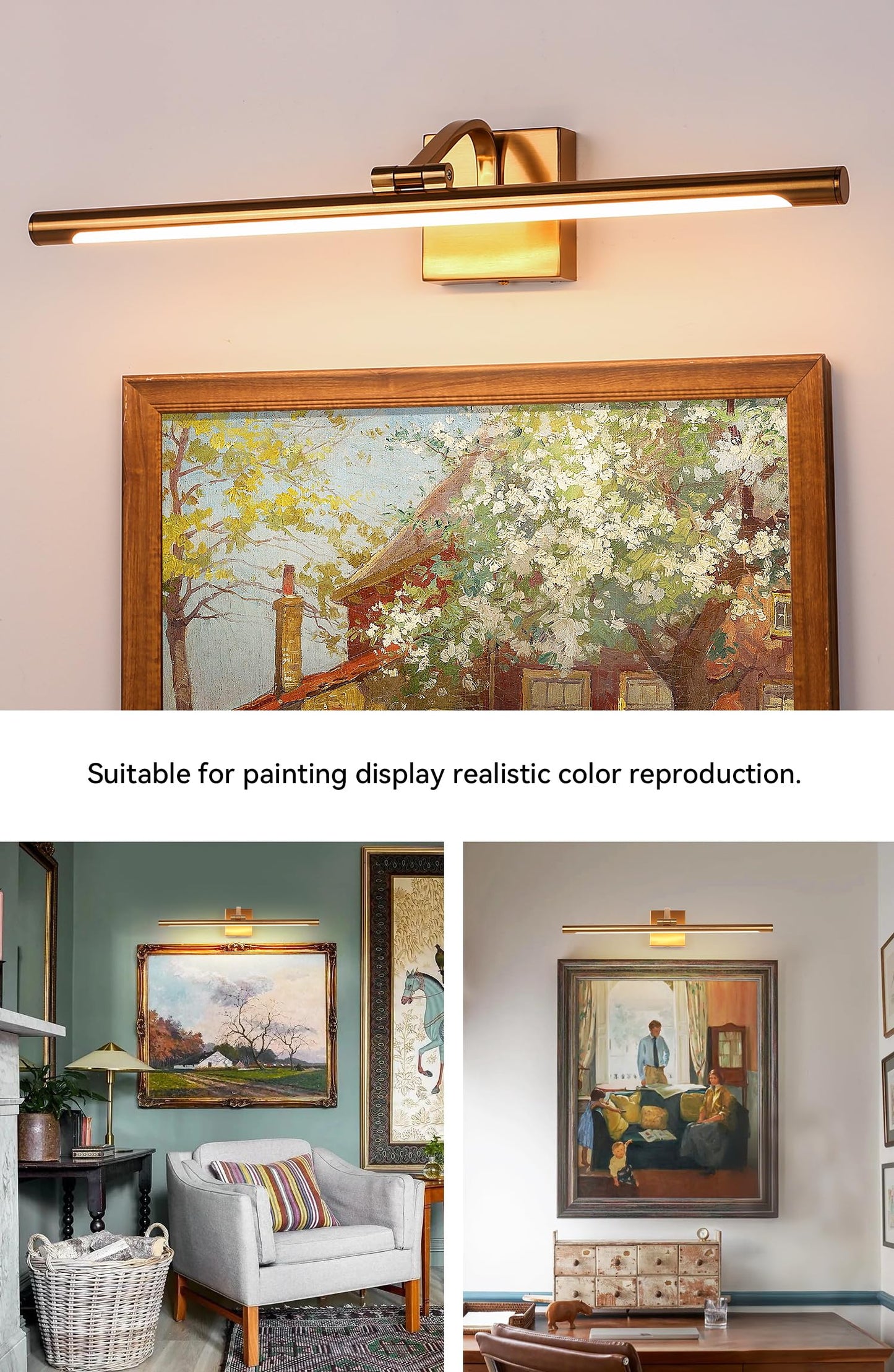 WAMBLZ Dimmable Picture Light for Wall 24 inch Golden Brass Finish Art Lighting with Rotatable Light Tube 2800K Full Metal Hardwired Gallery Light for Painting Artwork Display