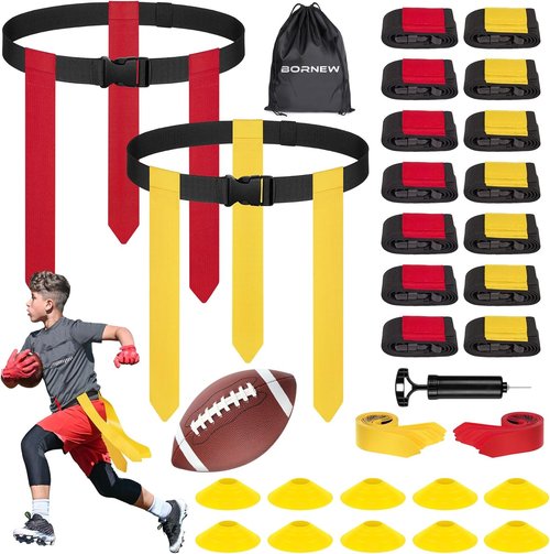 Flag Football Set by [Brand Name] - Adjustable 14/20 Player Belts with Cones, Football, Pump & Bag