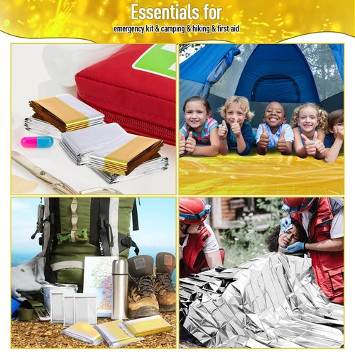 Kanayu 100 Pack Emergency Foil Thermal Blankets for Survival 82 x 63 Foil Space Blanket Kit for Outdoors Camping Hiking Homeless Survival or First Aid, 50 Pcs Golden 50 Pcs Silver