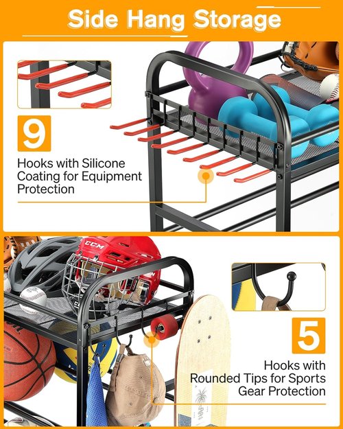 EXTCCT Garage Sports Equipment Organizer - Rolling Ball Storage Bin with Wheels | Multi-Functional Gear Rack