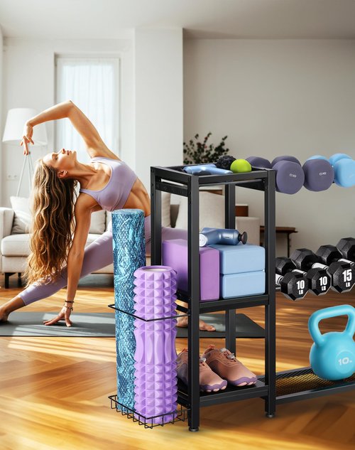 FHXZH 3-Tier Dumbbell Rack Stand Only - Adjustable Weight Rack for Home Gym, Heavy-Duty Weight Stand for Dumbbells Kettlebells Foam Roller Yoga Mats, Workout Equipment Storage Organizer With Hooks (Black)