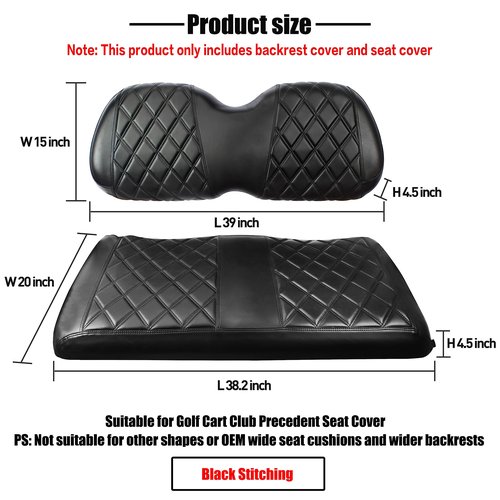 NOKINS P Diamond Seat Cover for Golf Cart Club Car Precedent Original Regular Cushion, No Stapler Required, Golf Cart Vinyl Replacement Front Seat Cover Black Stitching
