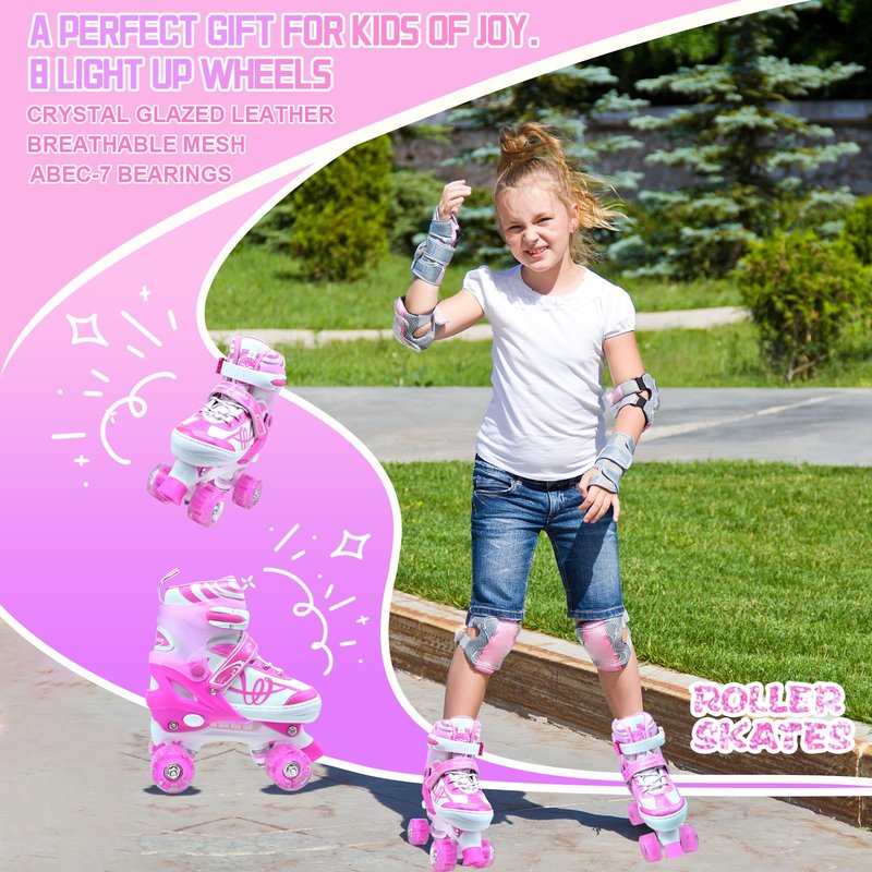 Kids Roller Skates for Girls Boys with Glitter Details-SMOOJOY Outdoor Musical Design Roller Skates with Light Up Wheels, Adjustable Rollerskates for Kids Ages 3-12 Birthday Gift patines para niñas