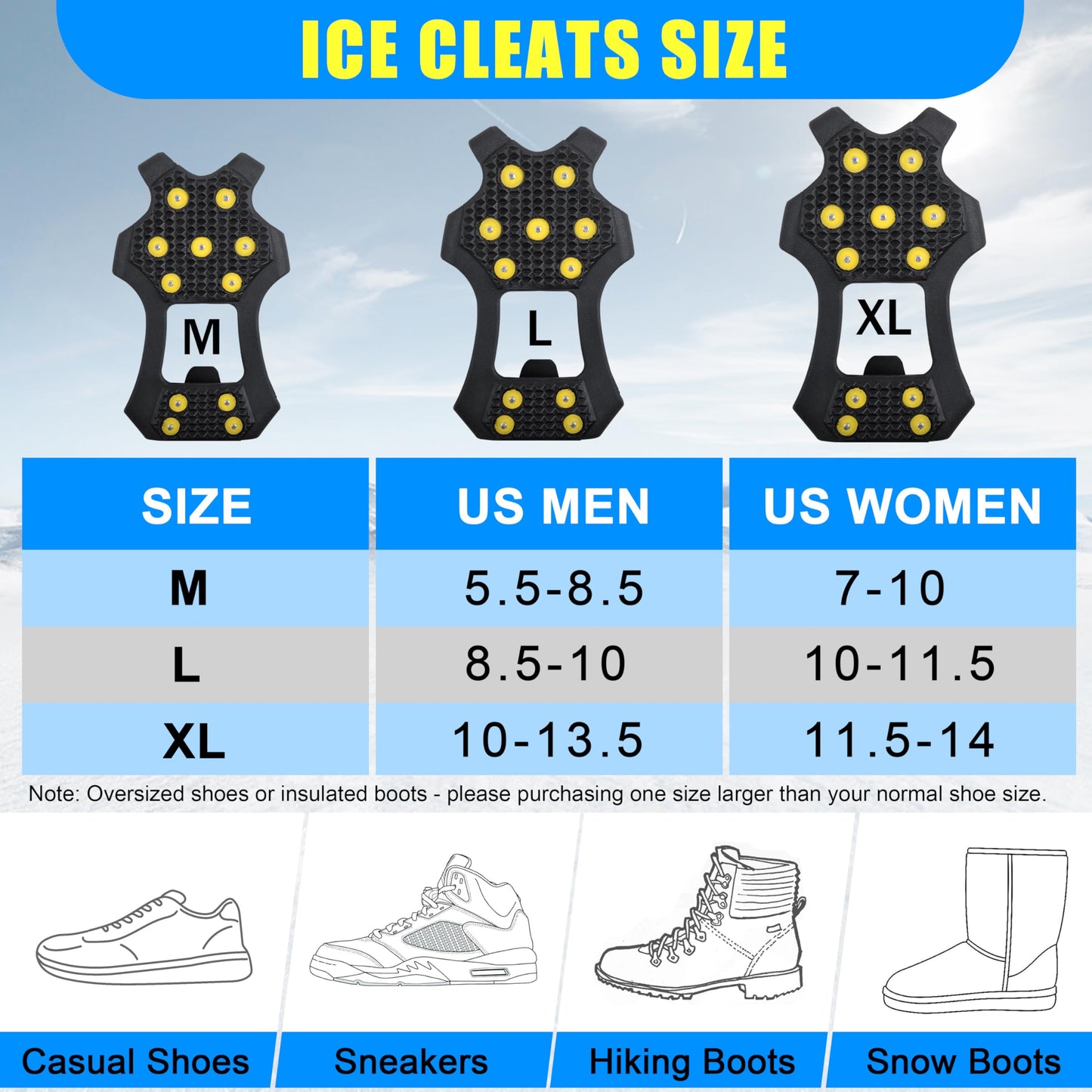 Ice Cleats for Shoes and Boots Crampons Anti Slip Snow Traction Cleats 11 Studs Snow Grippers Overshoe for Men Women Walking on Snow and Ice Slip-on Stretch Footwear