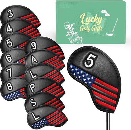 Golf Club Covers Iron Value 12 Pack Stylish Synthetic Leather Headcover, Embroidery Numbers Head Covers Universal Protector Fit Main Iron Wedge Clubs, Accessories Travel for Men Women (USA Flag)