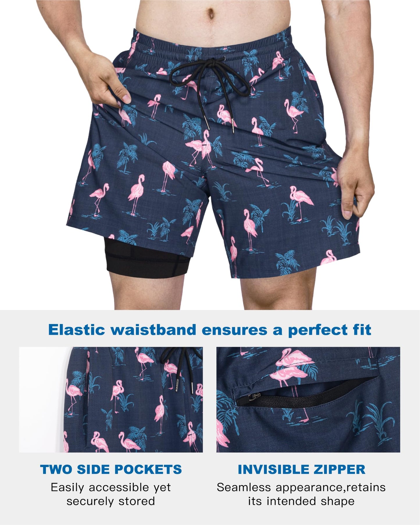 SURF CUZ Mens Swim Trunks with Compression Liner Quick Dry Swim Shorts 7" Swimming Trunks Stretch Bathing Suit Zipper Pockets,Flamingo-Black,M