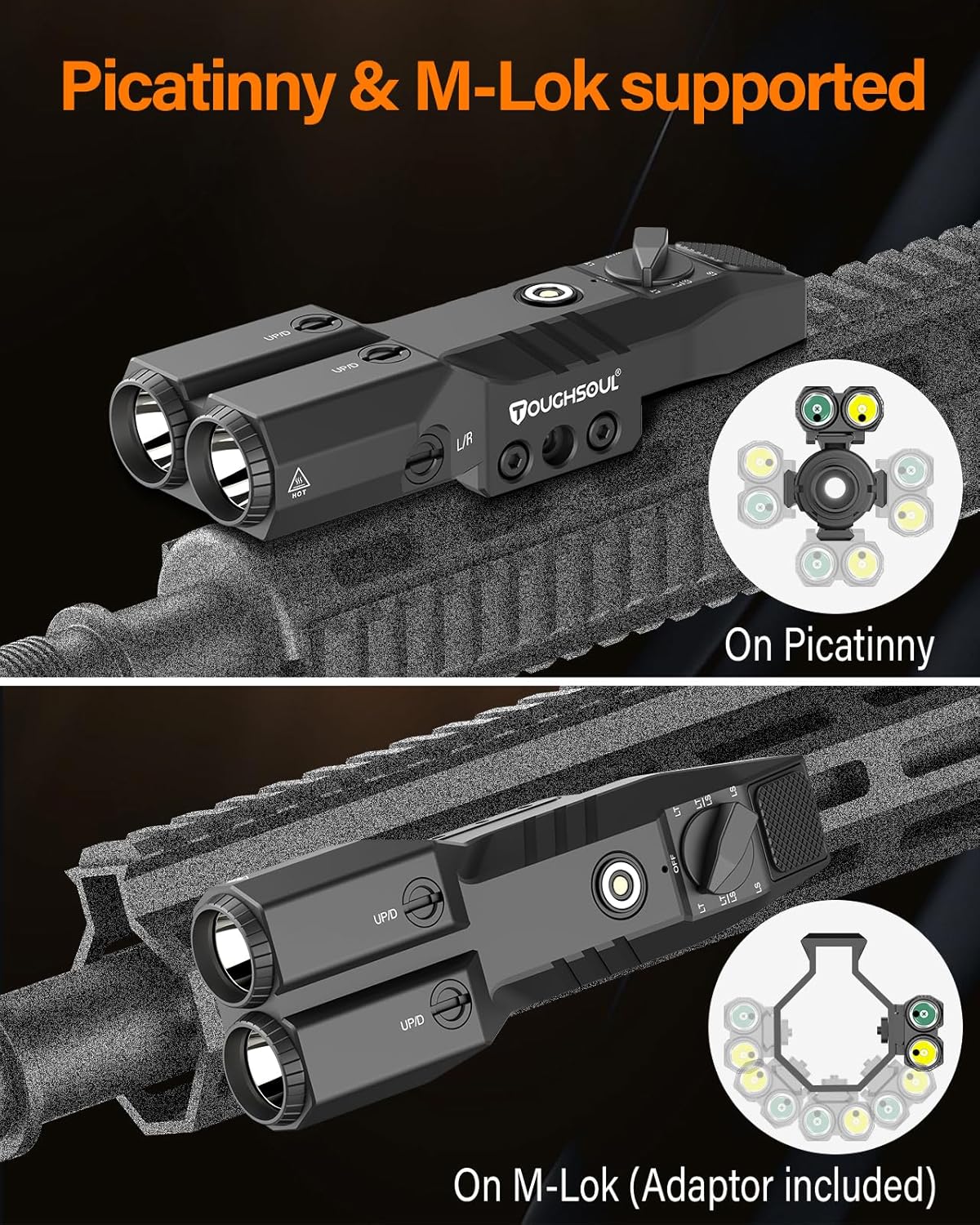 TOUGHSOUL Tactical Flashlight with Green Laser & IR Illuminator | 4-in-1 Rechargeable Rifle Light