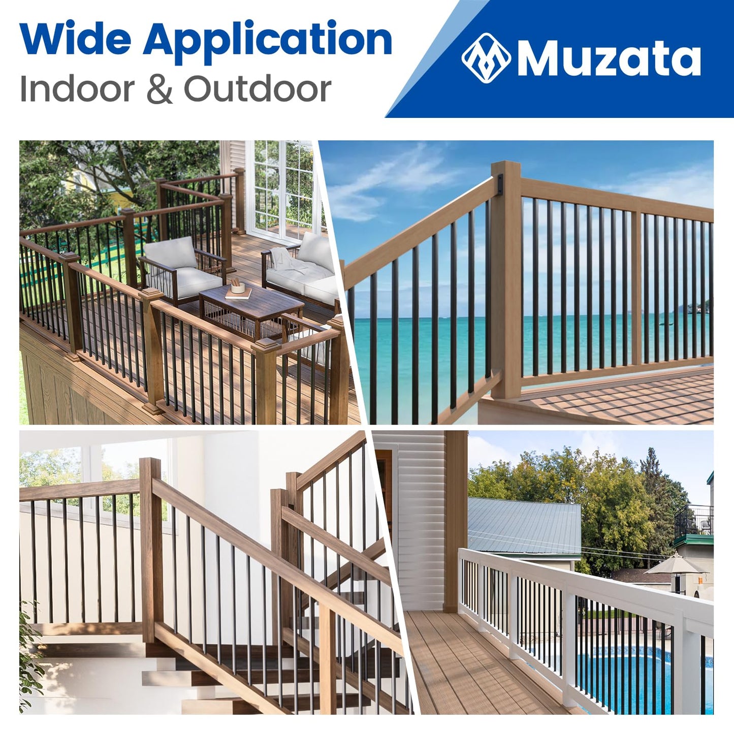 Muzata 50Pack 26" Aluminum Deck Balusters Round Black Deck Railing Stair Porch Staircase Spindles 3/4" Diameter Hollow for Railing Fencing Porch Stair WT02