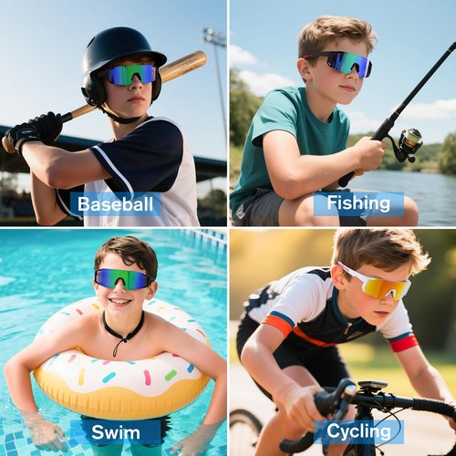 COASION Kids Baseball Sunglasses - Baseball Sunglasses for Boys Girls With Strap - Sports Softball Shades Age 3-10(Black/Gold Mirror)