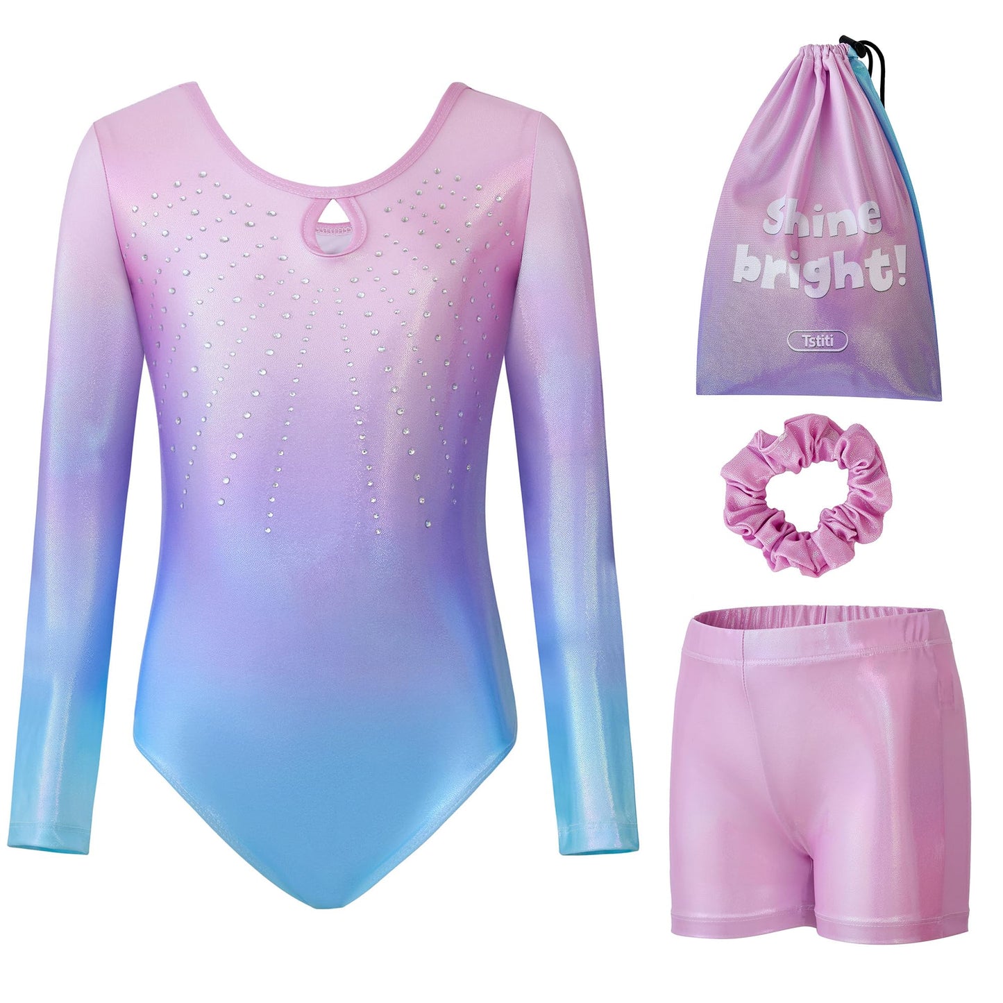 Tstiti Gymnastics Leotards for Girls Long Sleeve Kids Tumbling Gymnastic Outfit Clothes with Shorts Storage Bag 8-9 Years