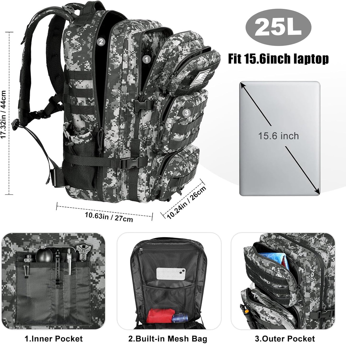 Military Tactical Backpack - 25L Molle Daypack for Men | Water-Resistant Heavy-Duty Rucksack - Black Digital Camo