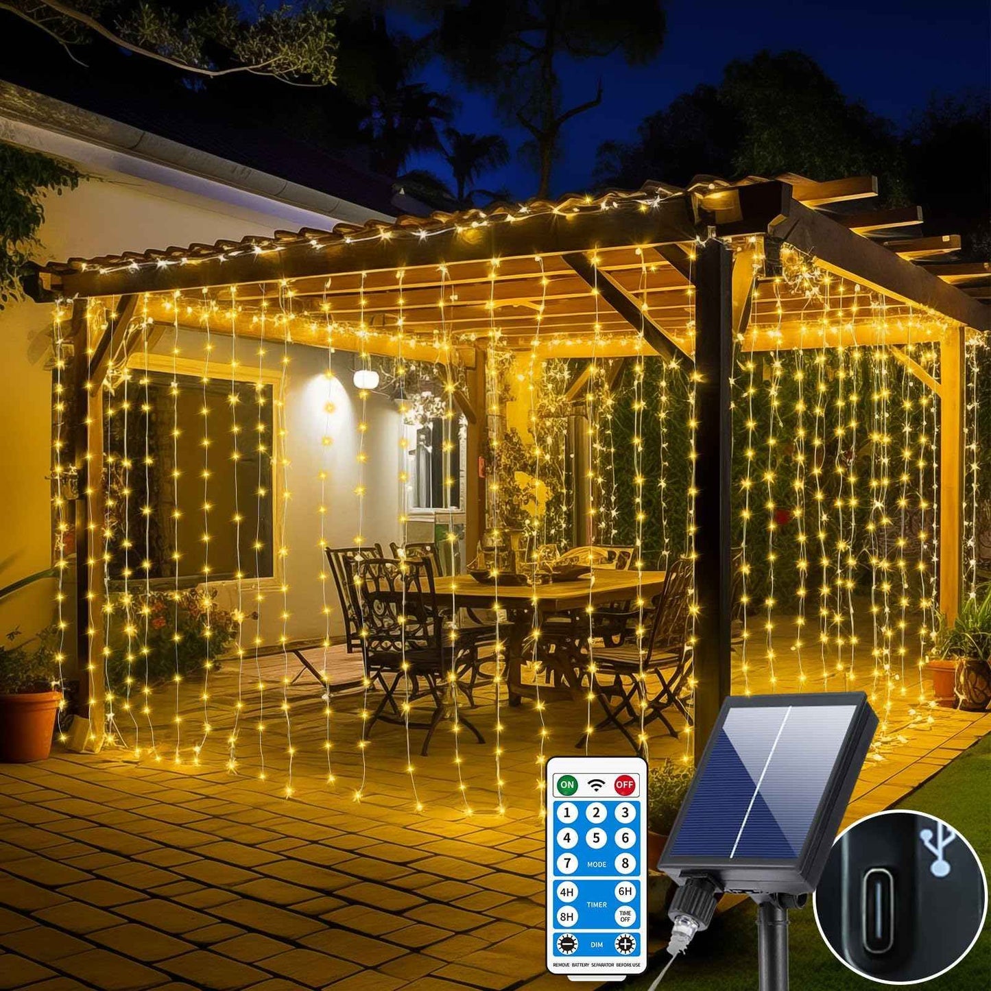 300LED Solar Curtain Lights Waterproof, 10Ft x 10Ft Twinkle Curtain String Fairy Light with Remote Control, 8 Modes, Warm White Solar Hanging Waterfall Lights for Outdoor Backdrop Gazebo Wall Xmas