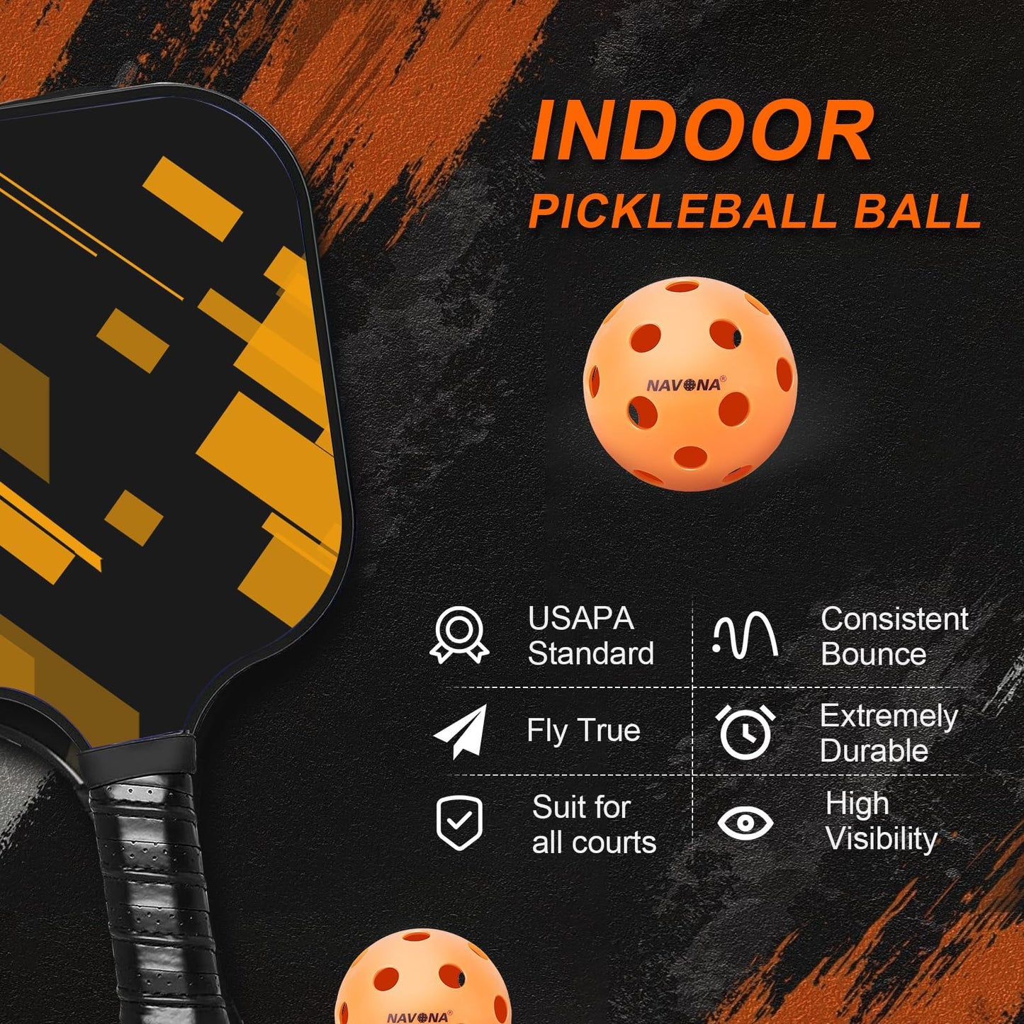 Navona 40 Pack Premium 26-Holes Orange Indoor Pickleball Balls, Meet USAPA Official Requirement, Perfectly Balanced, High Bounce True Flight, Durable Indoor Pickleball Set