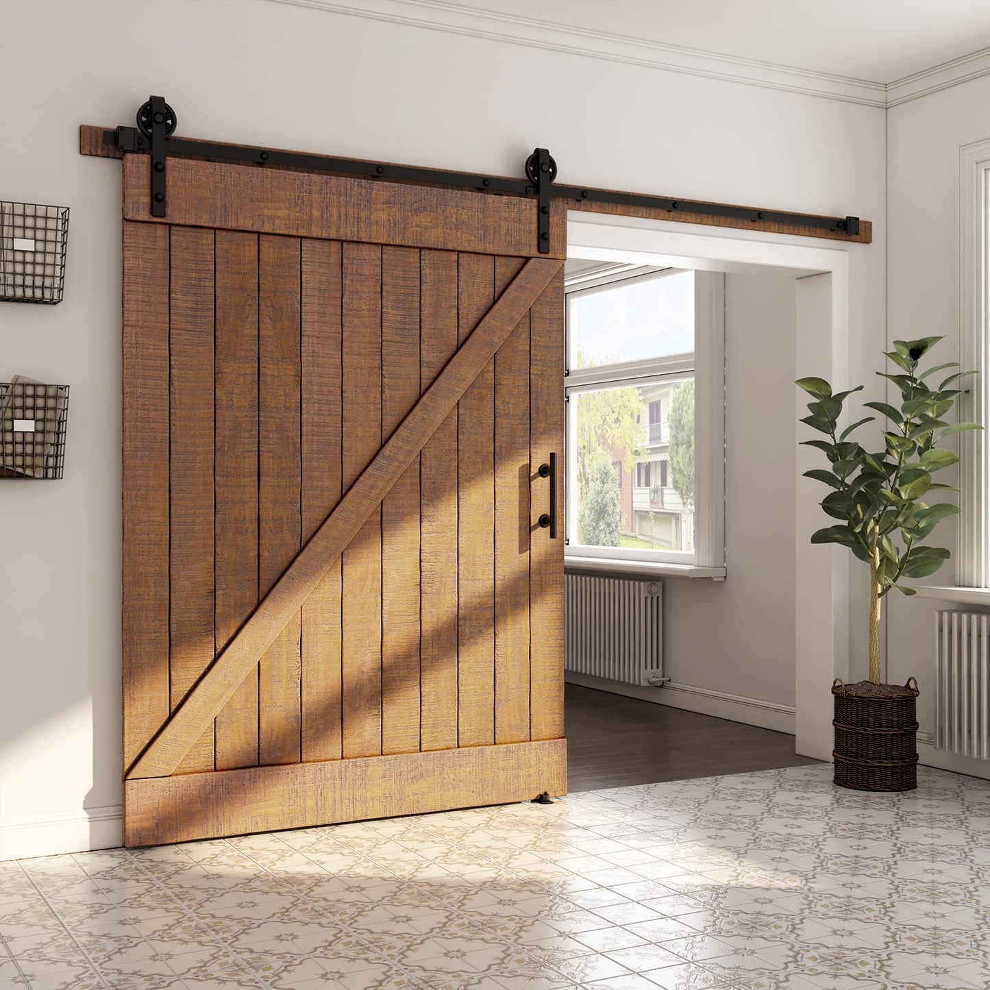 SMARTSTANDARD 10ft Heavy Duty Sliding Barn Door Hardware Kit, Black, (Whole Set Includes 1x Pull Handle Set & 1x Floor Guide) Fit 60" Wide Door Panel (Big Industrial Wheel Hangers)