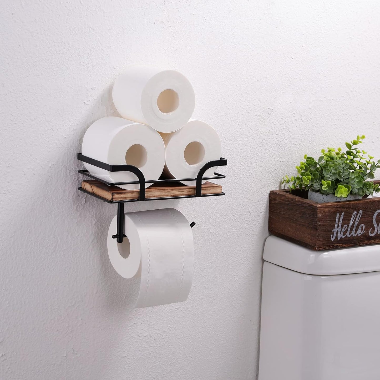 Rustic Farmhouse Toilet Paper Holder - Stylish Shelf for Wipes & Phone | Warm Brown Wood & Black Metal
