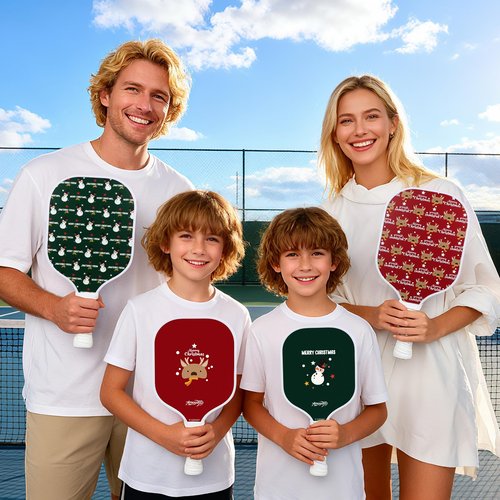 Amoswiz Pickleball Set of 4 – 2 Adult & 2 Kid Fiberglass Family Pickleball Paddles, Lightweight Honeycomb Core, Fun Gift Set with 4 Balls & Carry Bag for Beginners, Family Snow Man