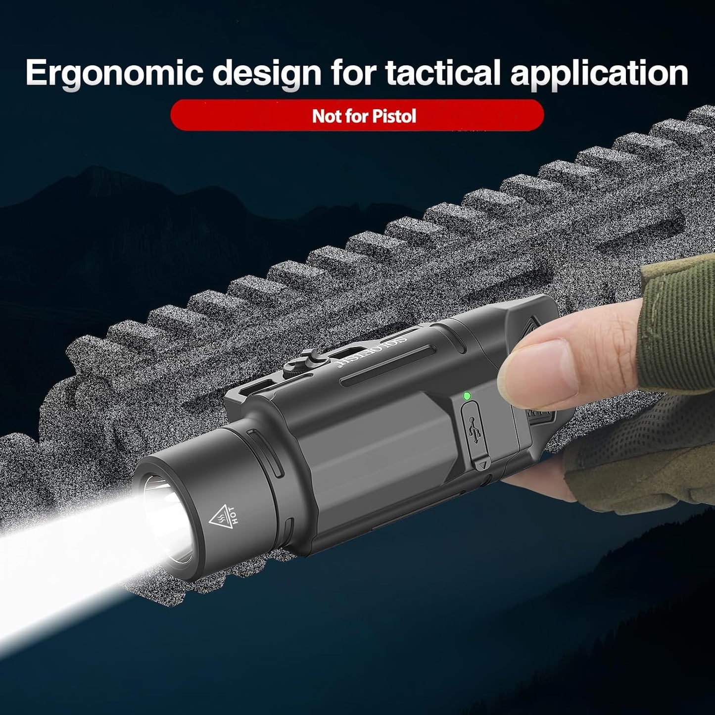 Solofish Tactical Flashlight - 1500 Lumen Rechargeable Weapon Light with Picatinny Rail Compatibility