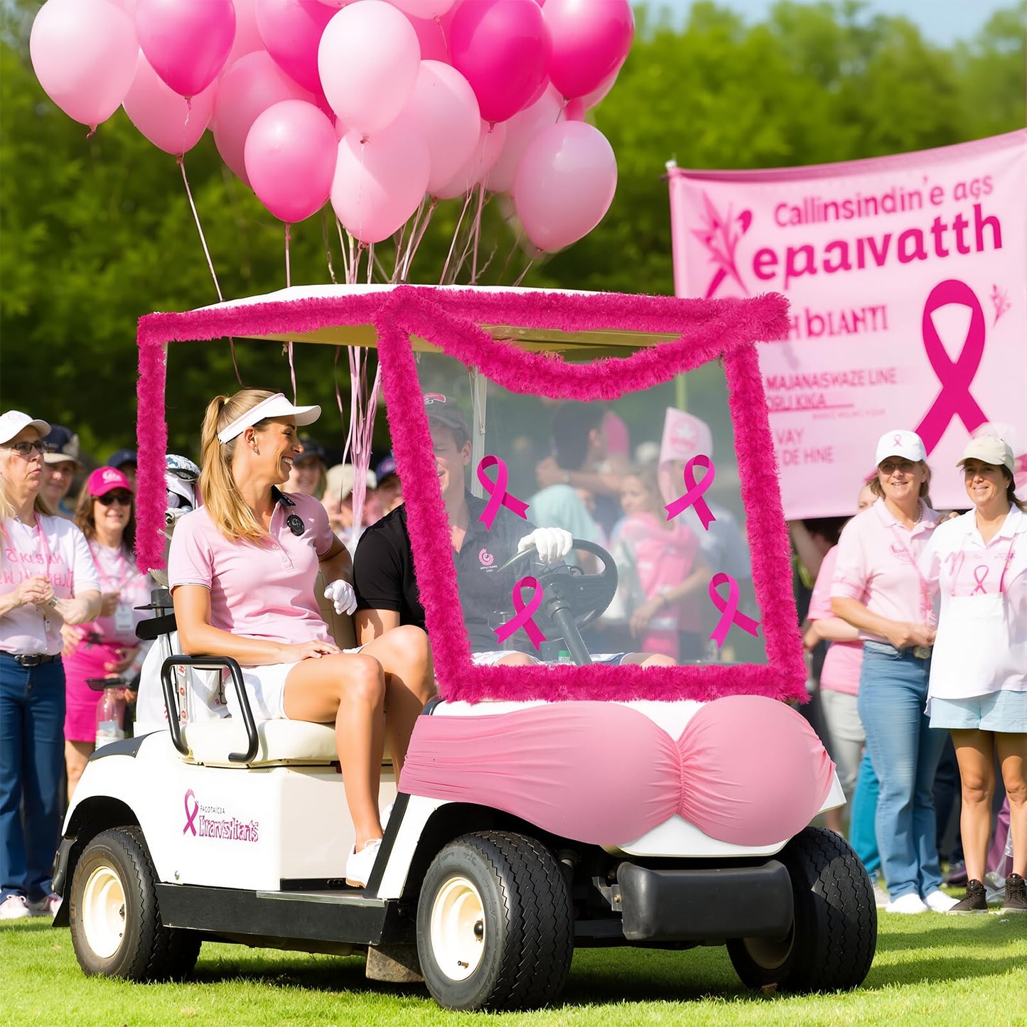 Suncalla Breast Cancer Awareness Golf Cart Decorations Kit Large Bra Shaped Balloon Decoration Feather Boa Pink Ribbon Stickers for Breast Cancer Awareness Themed Decor Women