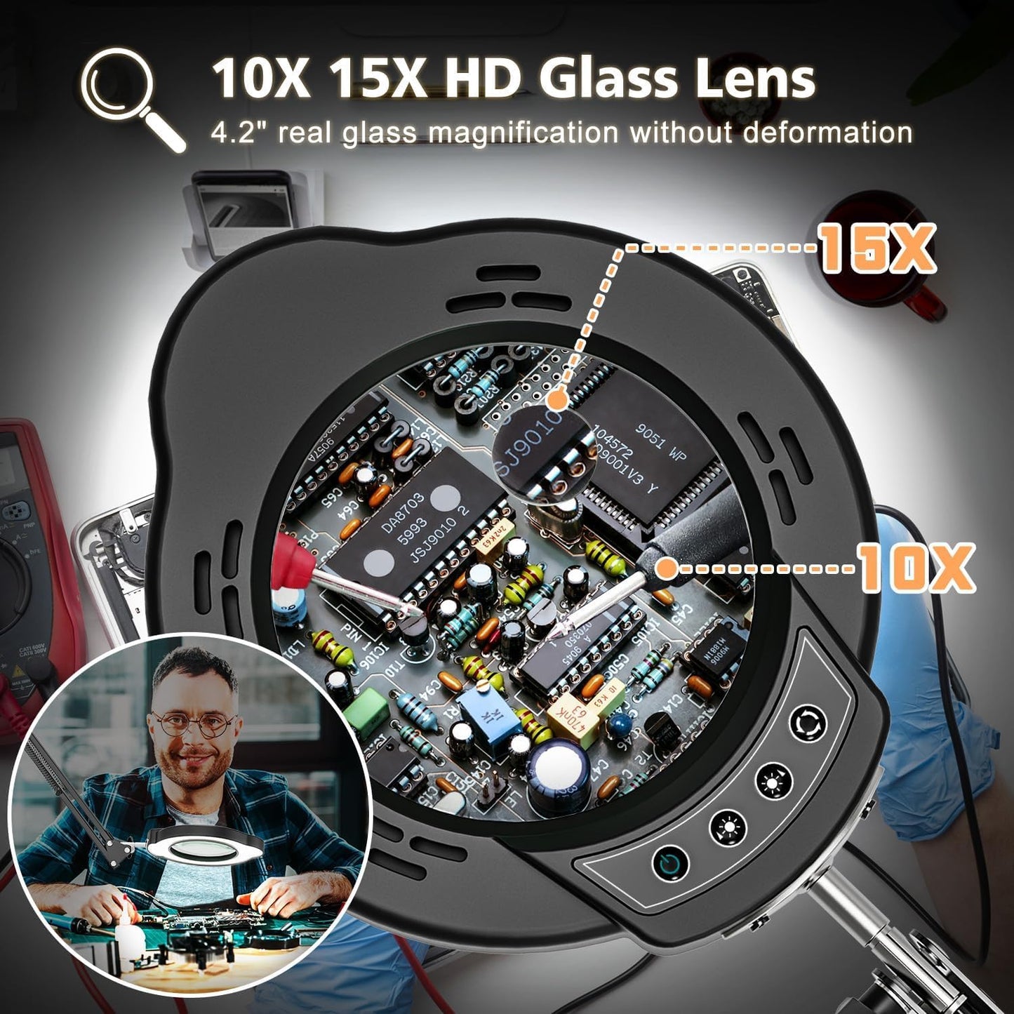 Magnifying Glass with Light and Clamp, 15X 10X Desk Magnifying Lamp, 84 LED Real Glass Lens Magnifier, 5 Color Modes Stepless Dimmable, Adjustable Hands Free Table Lamp for Repair Crafts Hobby Sewing