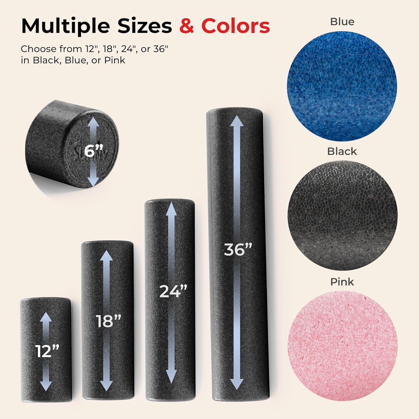 Sunny Health & Fitness High-Density Foam Roller | 12" to 36" for Stretching & Muscle Recovery – Black, Blue, Pink