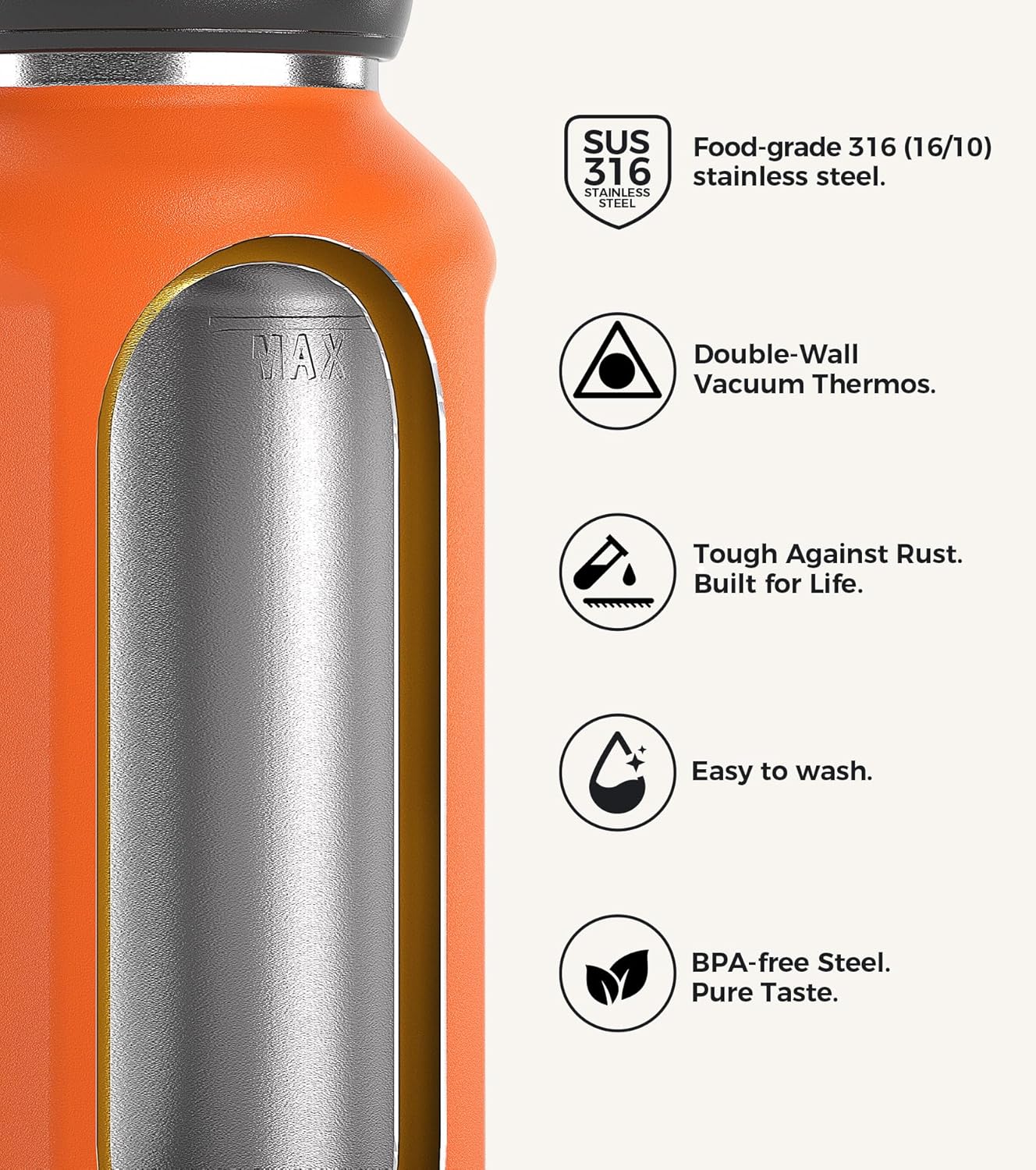 TakeToday 20oz Insulated Water Bottle - Stainless Steel Vacuum Thermos with Easy-Open Lid | Leakproof & BPA-Free, Orange