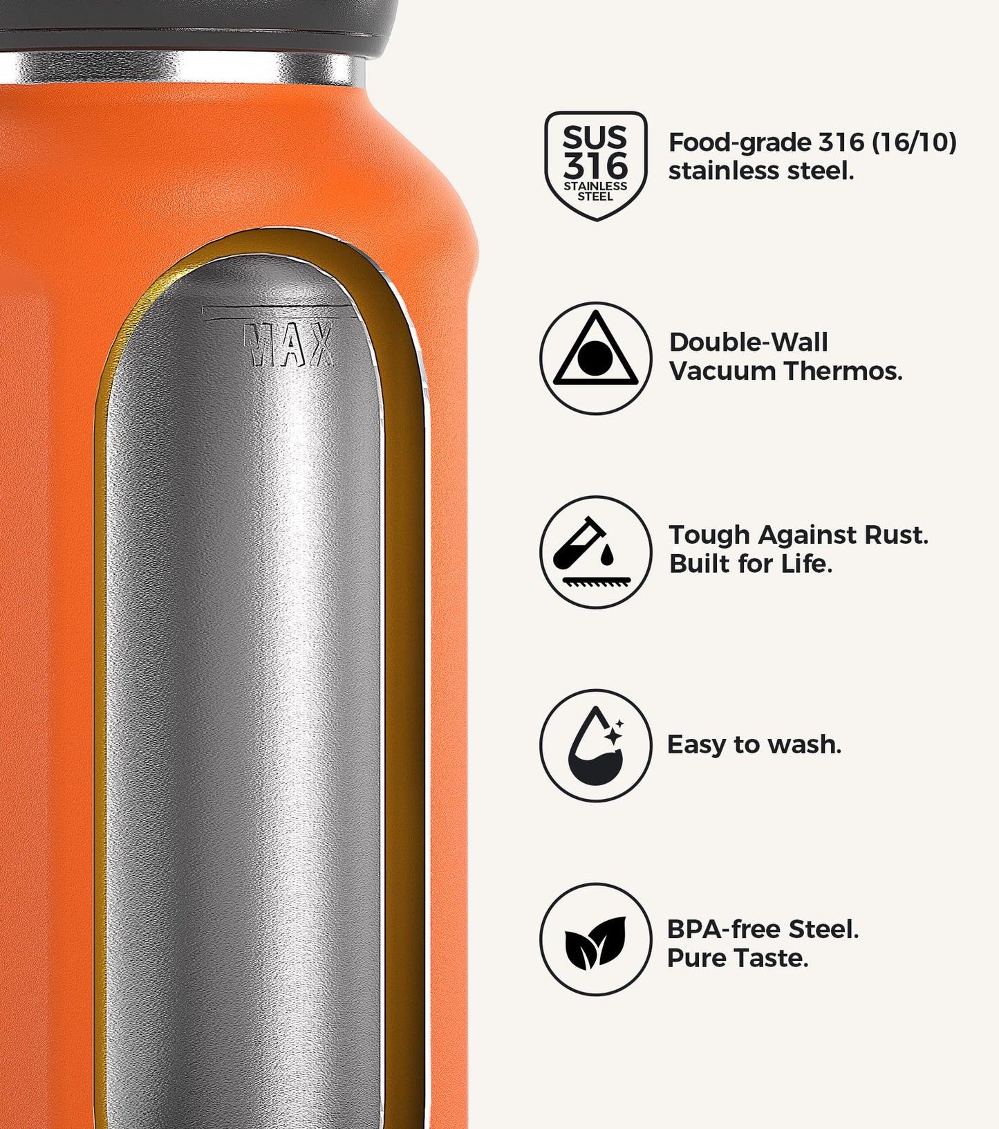 TakeToday 20oz Insulated Water Bottle with One-Touch Chug Lid, Leakproof, Keeps Cold 36H, Stainless Steel Double-Wall Vacuum Thermos for Gym, Hiking & Outdoor, Black