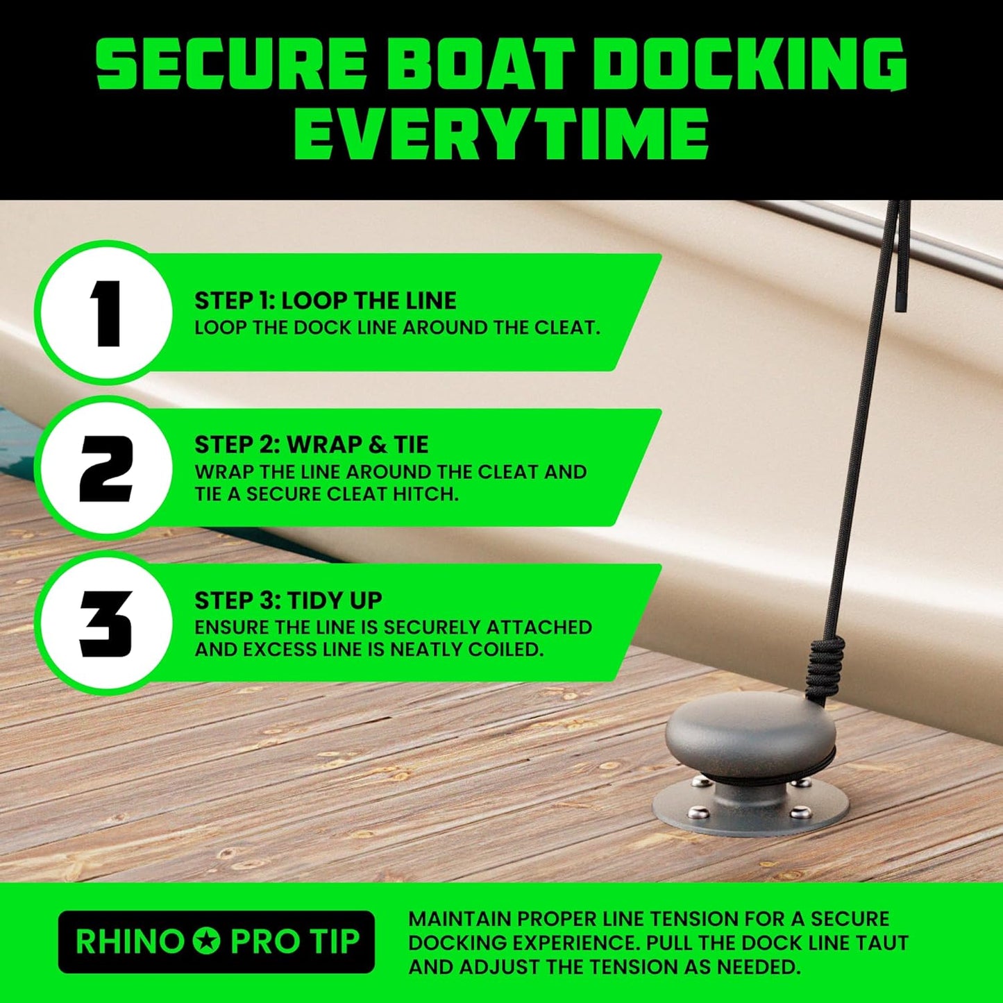 Rhino USA Dock Lines - Heavy Duty 1/2" x 16' Marine Grade Rope for Boats, Kayaks & Pontoons | Black