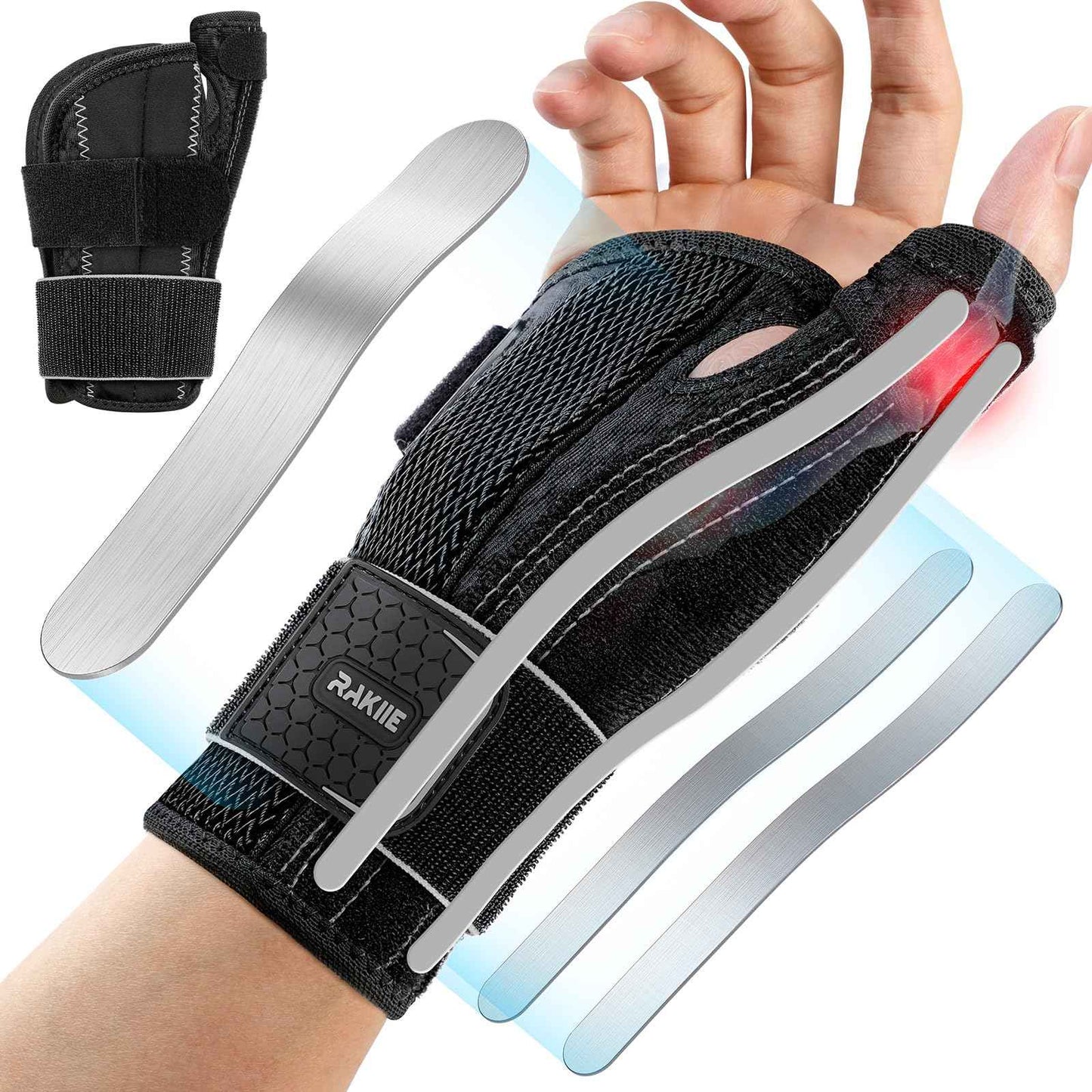Rakiie Thumb Brace, 5X Ergonomic Reinforced Support Carpal Tunnel Wrist Brace Night Support for Tendonitis, Arthritis, CMC Pain Relief, De Quervain's Tenosynovitis, Right Hand, Gray Size S/M