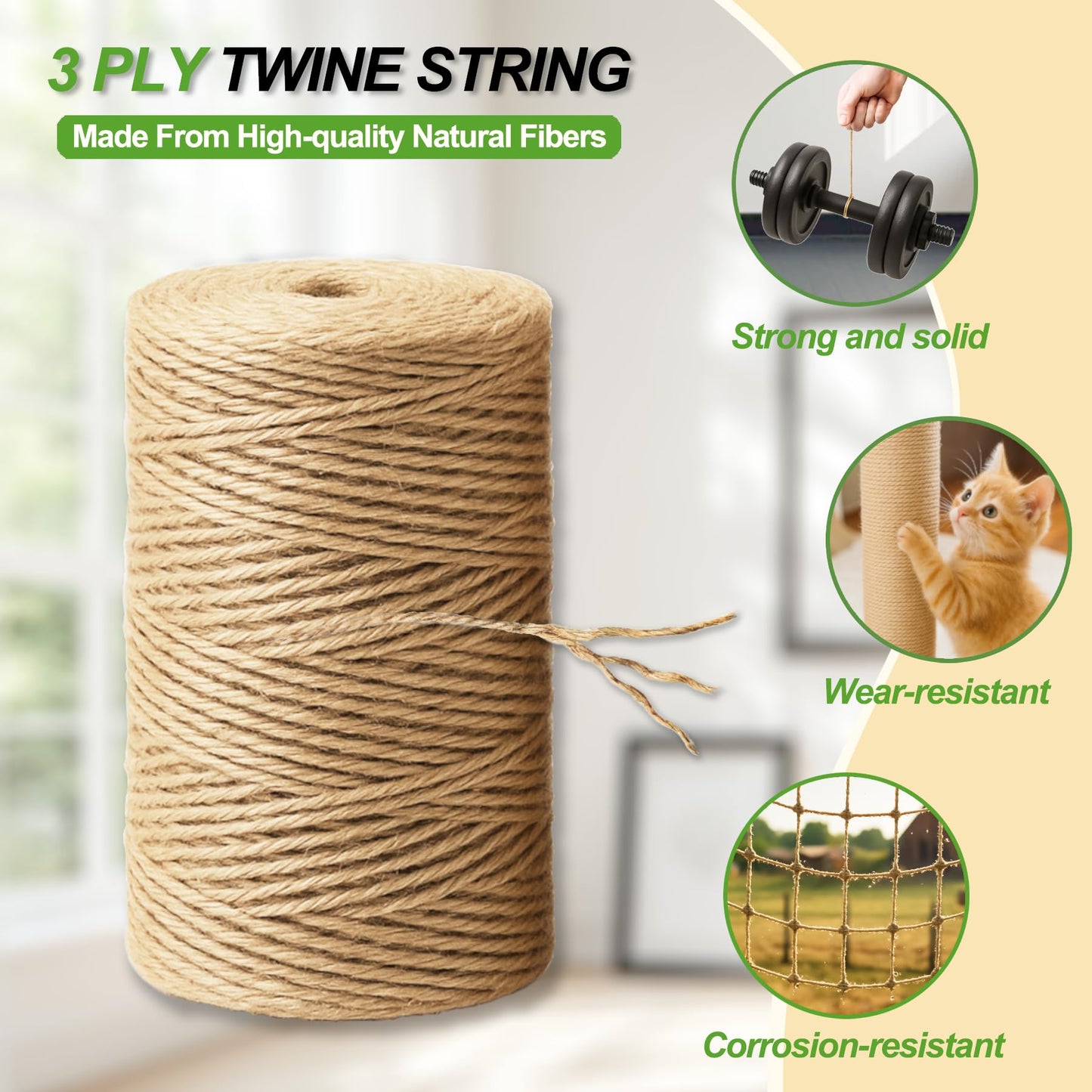 5 Pack Natural Twine String Suit : 2mm 1200 Feet Jute Twine Twisted from 3 Ply - String for Crafts Gardening Gift Wrapping Home Decor Knitting - Suitable for Handicraft and Gardening Enthusiasts