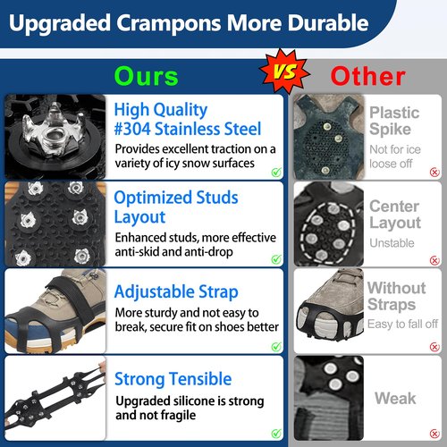 Ice Cleats for Shoes and Boots, Universal Non Slip Snow Cleats Spikes for Shoes with Straps, Anti Slip Crampons Slip-on Rubber Overshoe Flexible Footwear for Winter Hiking Walking Shoveling
