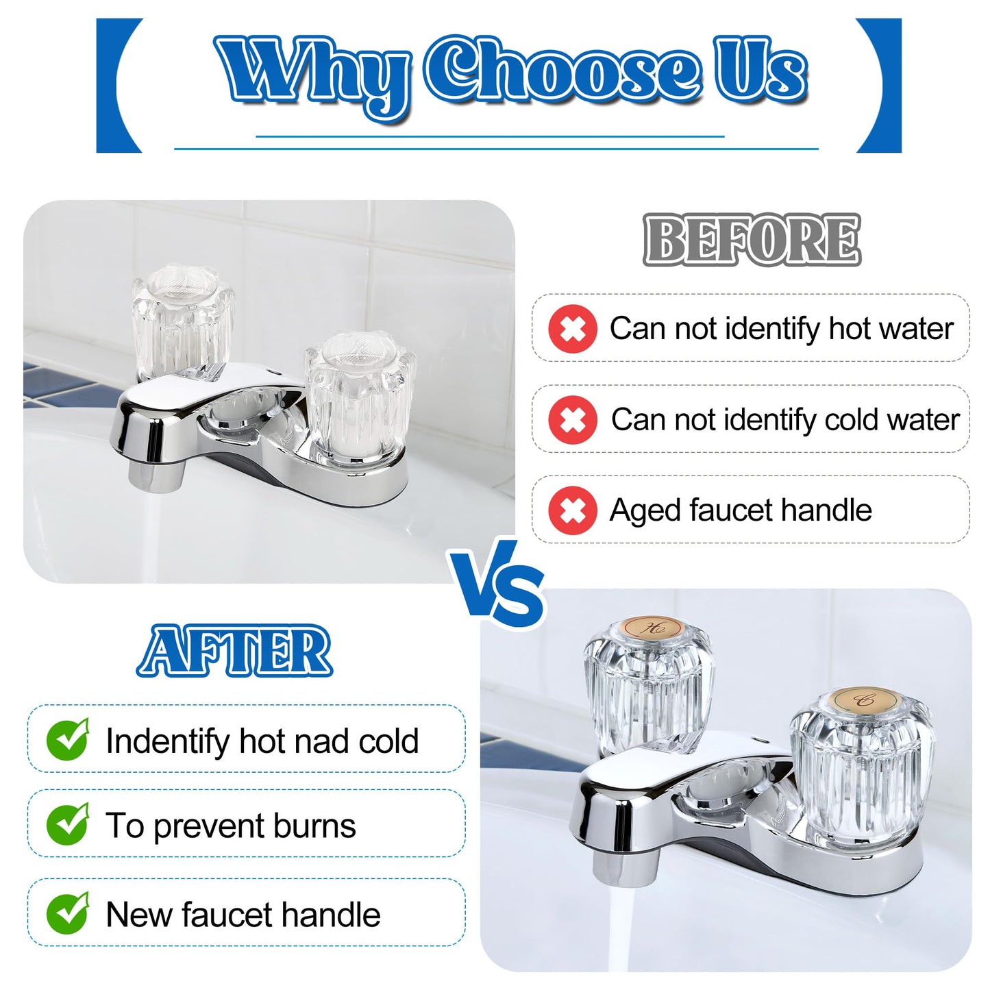 Dreyoo 8 Pcs Universal Index Buttons, Hot and Cold Faucet Index Buttons, Bathroom Faucet Knobs Replacement, Compatible with Delta/LDR/Delex/Peerless Two Clear Handles, 1-5/16 In. Diameter