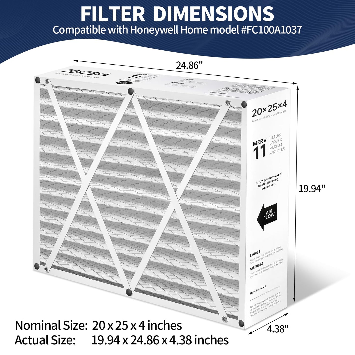 BETTFILTER 20x25x4 AC Furnace Air Filter Compatible with Honeywell FC100A1037, MERV 11 HAVC Filter Replacement, Actual Size:19.94" x 24.86" x 4.38", Pack of 3