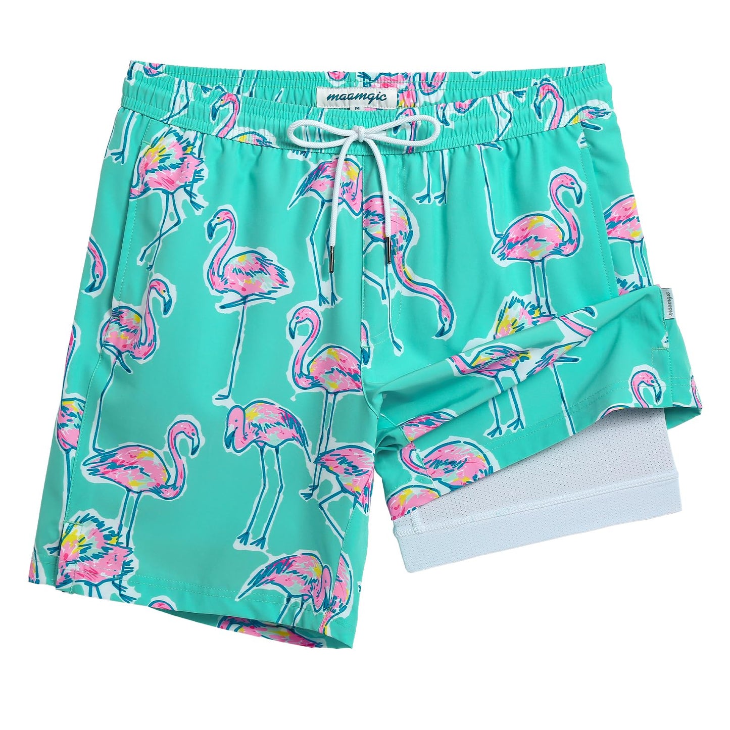 maamgic Mens Swim Trunks with Compression Liner 7 Inch Inseam Mens Bathing Suit Quick Dry Swimming Trunks Swimsuit Flamingo Green and White Large