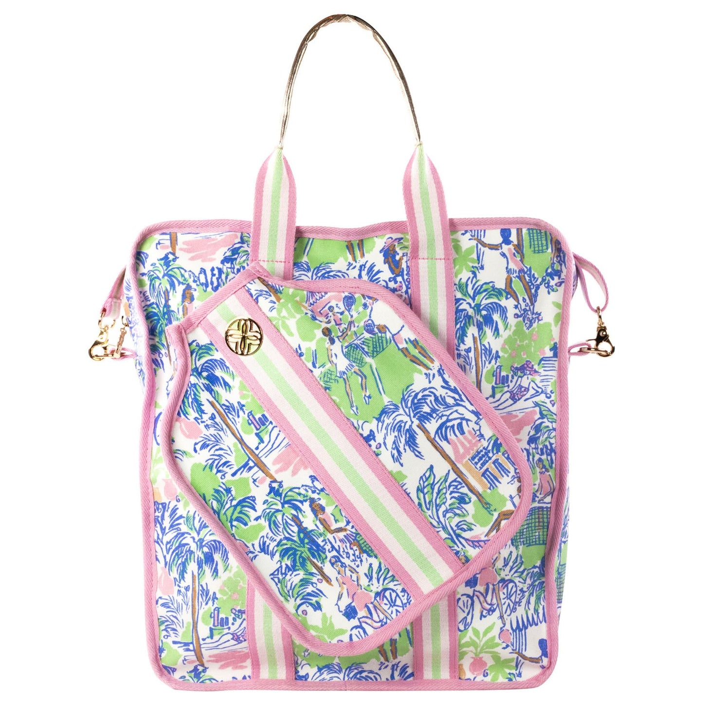 Lilly Pulitzer Pickleball Bag for Women with Storage for 2 Paddles, Zipper Pocket, Waterbottle Sleeve and Gold Details, Serving it Up