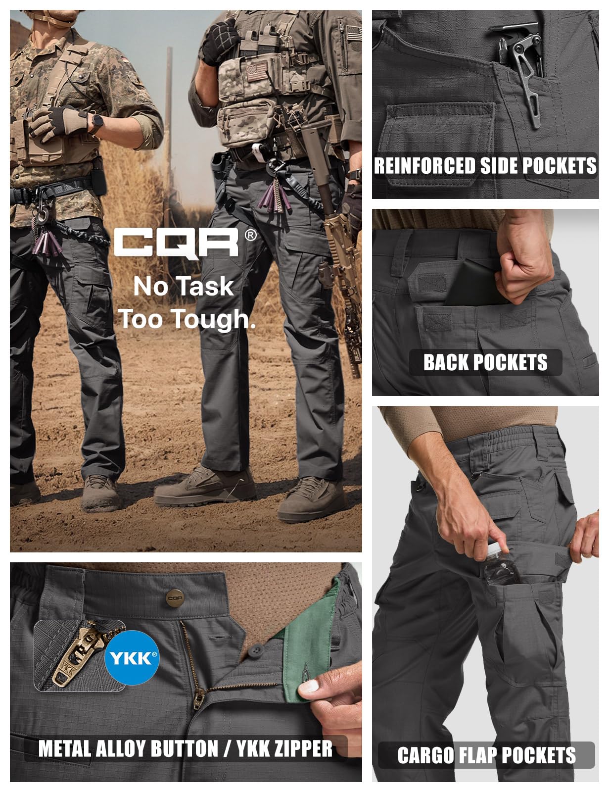 CQR Men's Tactical Pants, Water Resistant Ripstop Cargo Pants, Lightweight EDC Work Hiking Pants, Outdoor Apparel, Duratex Mag Pocket Charcoal, 30W x 30L