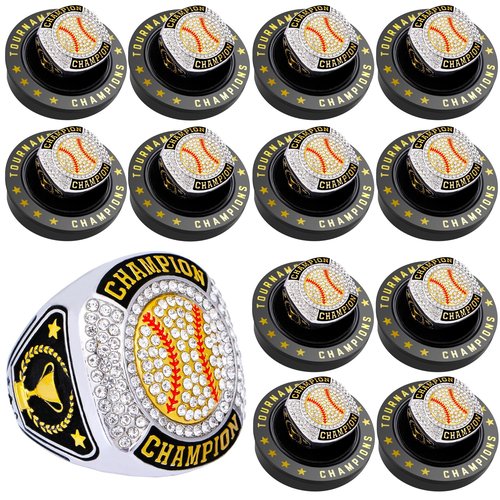 daijbling 12 Pcs Baseball Championship Ring Softball Ring Sport Ball Trophy Award Gift with Display Neck Chain and Stand for Tournament or League Champion Winner (12 pcs Gold Rings, Size 11)