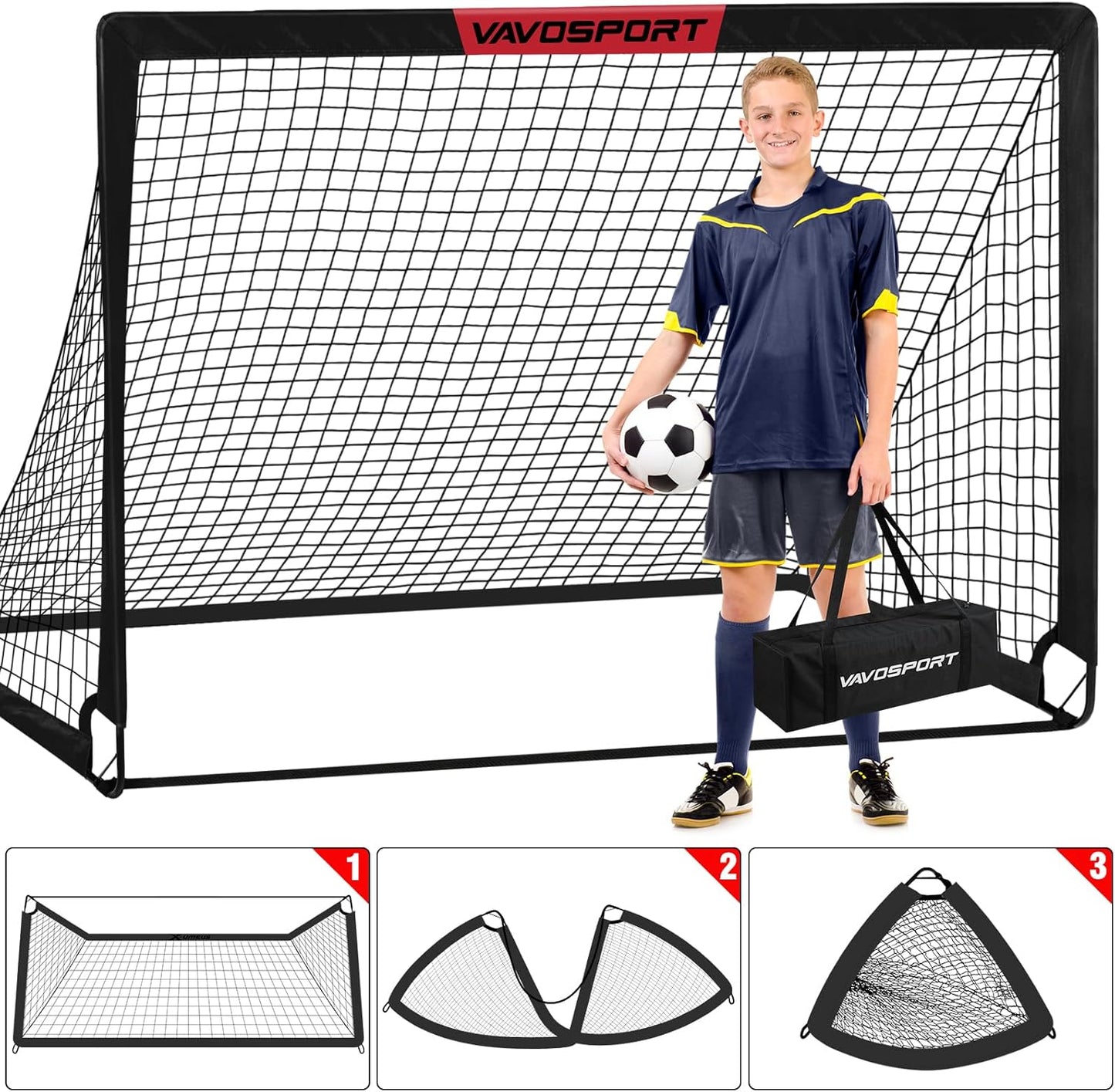 VAVOSPORT Soccer Goal Set - 2 Portable 6'x4' Kids Goals for Backyard Training | Includes Net, Ball & Cones
