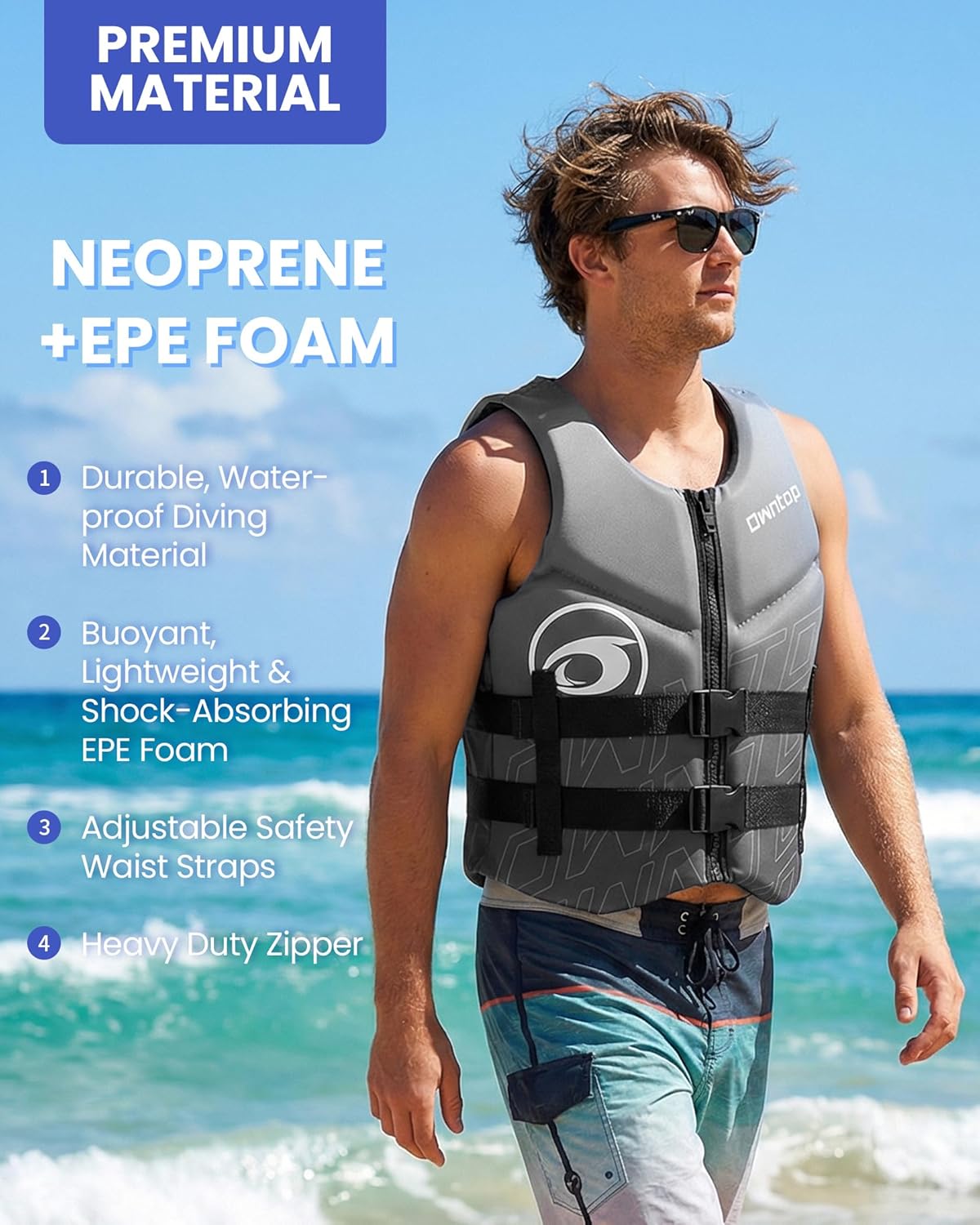 Owntop Swim Vest - Adult Neoprene Water Sport Floaties for Swimming, Boating & Kayaking | Adjustable Zipper & Dual Buckle Design