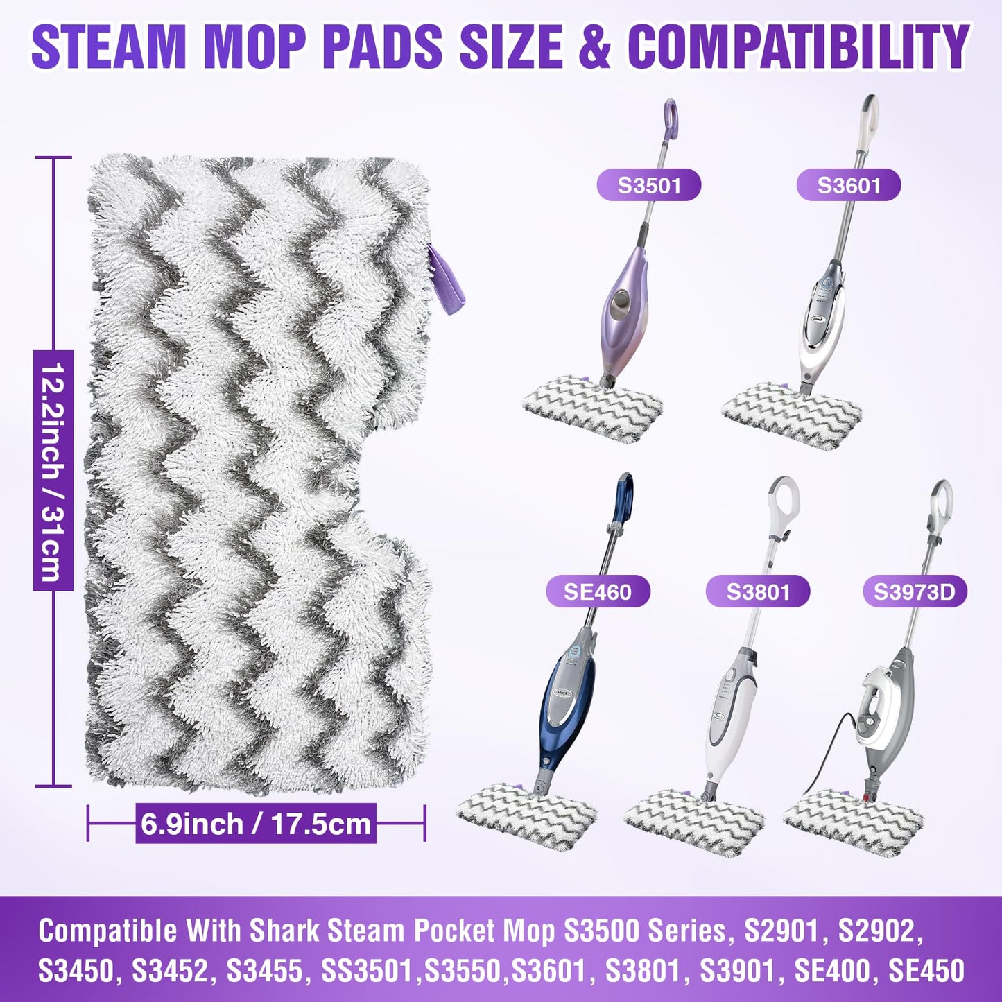 S3501 S3601 Steam Mop Replacement Pads Compatible with Shark Steam Pocket Mops S3501 S3601 S3550 S3801 S3901 S3601D S3801CO S3901D S3455K S2902 SE450, Washable Microfiber Mop Pads Reusable, 3 Pack