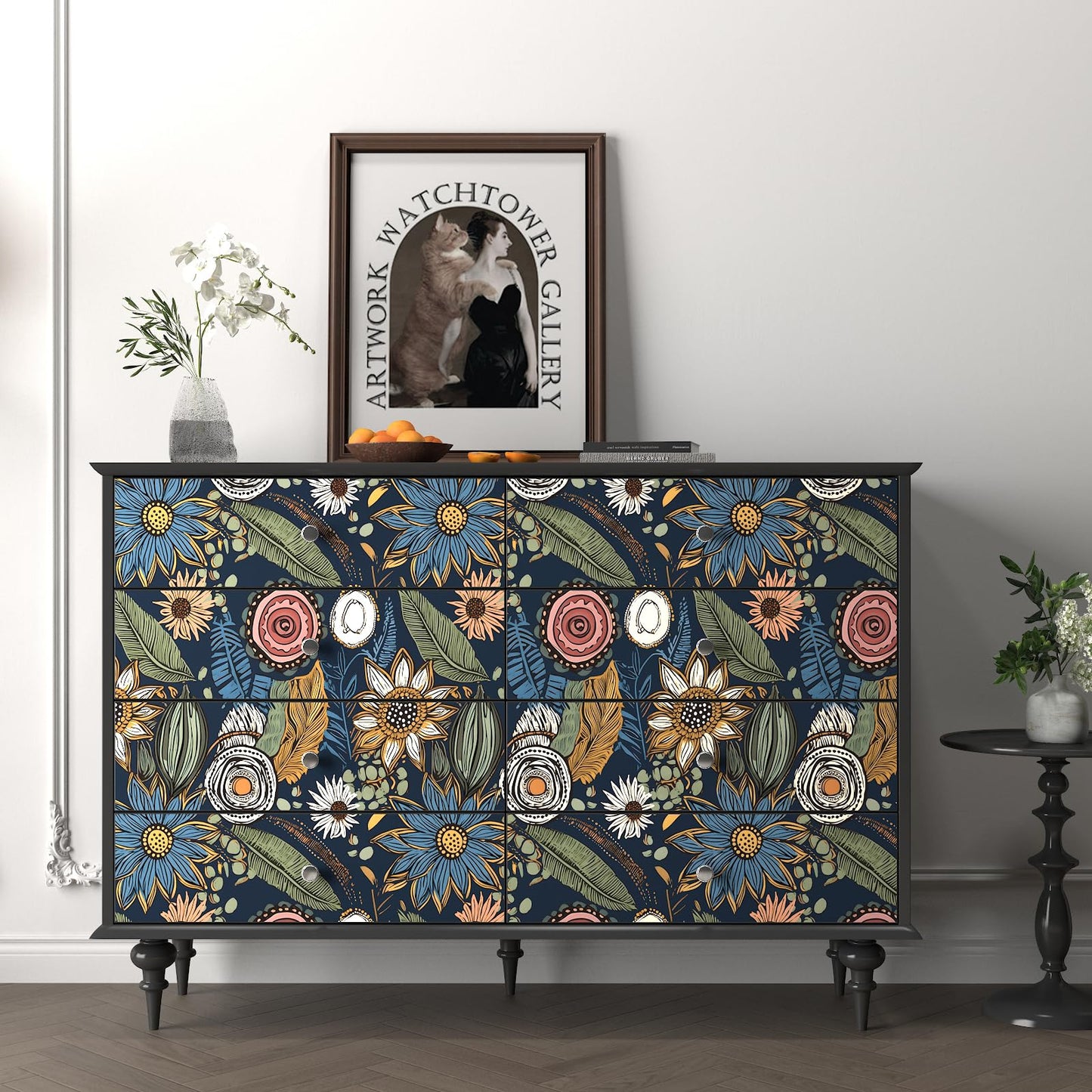 Boho Wallpaper Peel and Stick,Vintage Floral Contact Paper 17.5" x 118", Retro Botanical Flower Wall Paper Self Adhesive Removable Waterproof for Walls Shelves Cabinet Table (Blue,Yellow, Green)