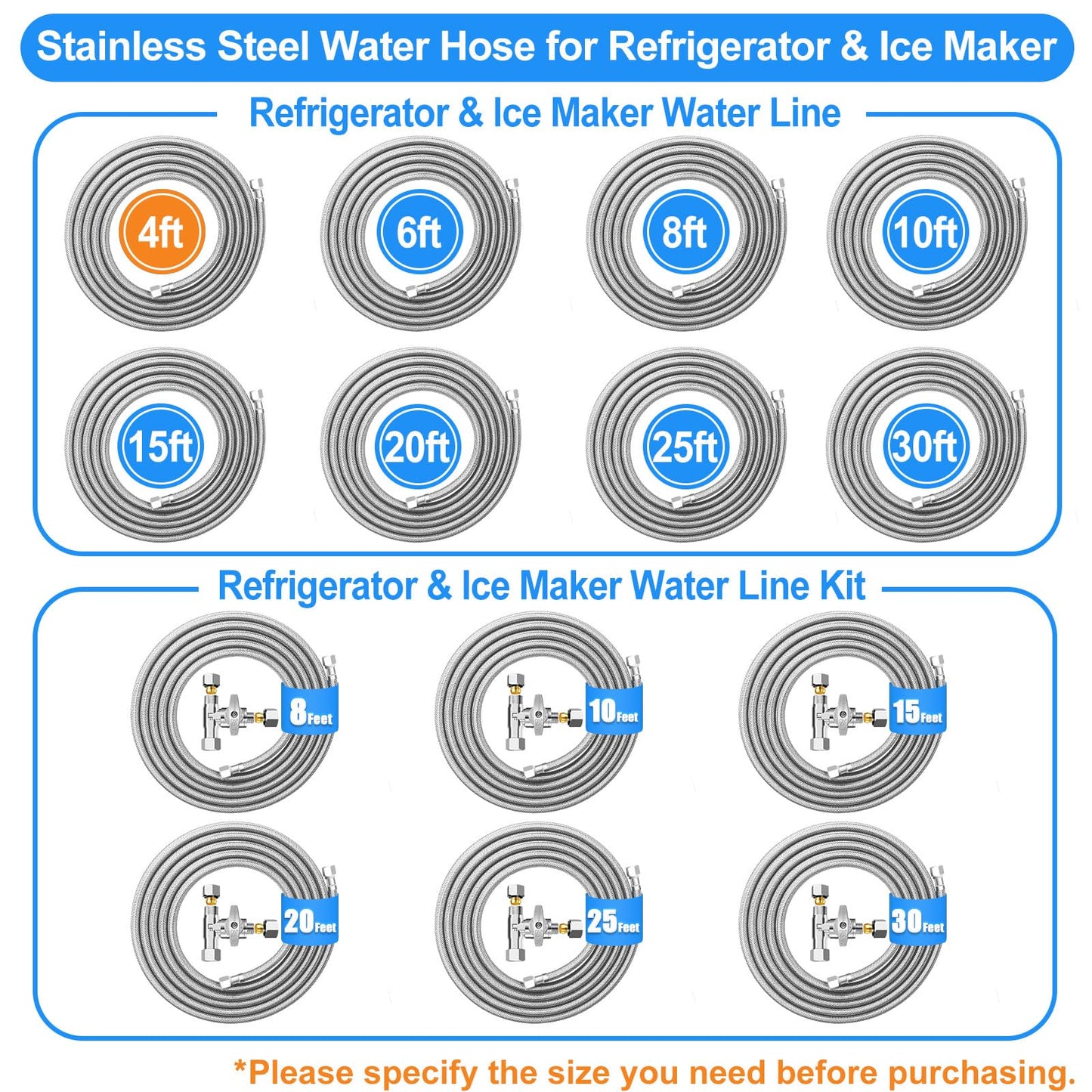 Refrigerator water line - 4 FT Premium Stainless Steel Braided Ice Maker Water Hose,Food grade PEX Inner Tube Fridge Water Line with 1/4" Fittings for Refrigerator Ice Maker