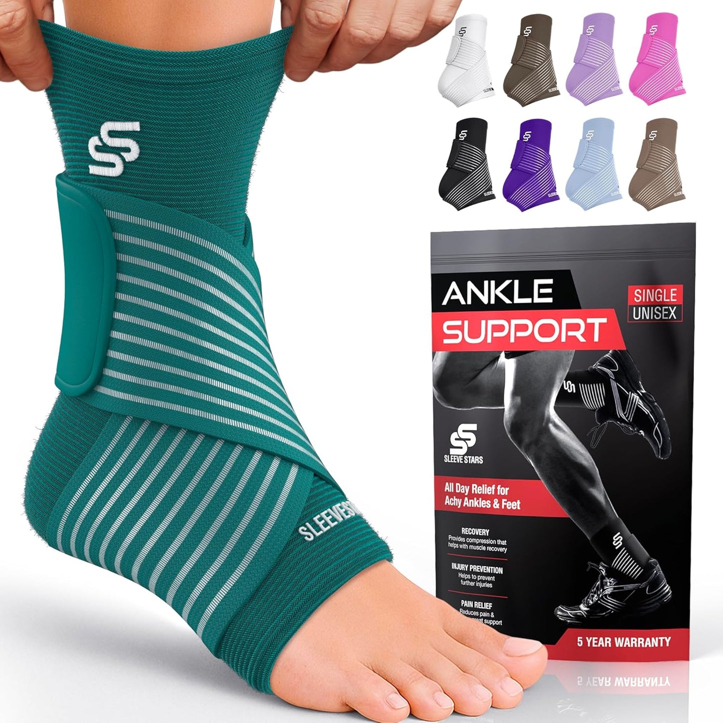 Sleeve Stars Ankle Brace - Compression Support for Sprains & Plantar Fasciitis Relief | Customizable Fit, Turquoise, M: 10"-12"
