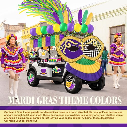 Tasdurian 159 Pcs Mardi Gras Theme Parade Golf Cart Kit Decor Carnival Mask Banner Fan Flag Gold Green Purple Tinsel Foil Fringe Garlands Balloons Craft Feathers for Masquerade Party Supplies Decor