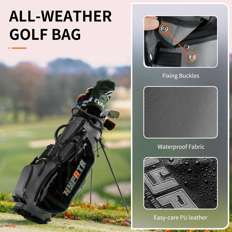 HYPATA 14 Way Golf Stand Bag-Lightweight Golf Bag for Men Women, Premium PU Leather Golf Bag with Stand, 8 Pockets, Cooler Pouch, Rangefinder Pouch, Detachable Dual Strap, Rain Cover Hood, Gray