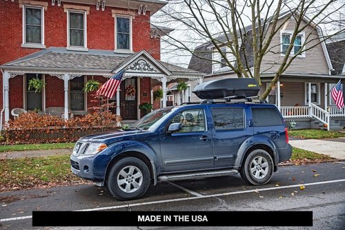 JEGS Rooftop Cargo Carrier for Car Storage - Large Roof Rack Cargo Carrier - Front Hinge/Rear Lock - Rear Opening Weatherproof Storage - Made in USA - 18 Cubic Ft - 110 Lb Capacity - Aero Design