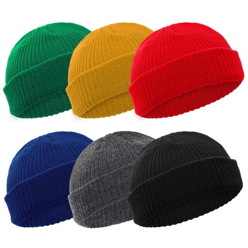 Fzxdfg 6 Pieces Short Fisherman Beanie for Men Women Roll-up Edge Knit Elastic Cap Winter Warm Hat (US, Alpha, One Size, Black、Yellow、red、Green、Dark Gray、Dark Blue)