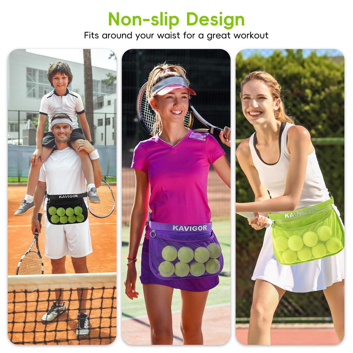 KAVIGOR Tennis & Pickleball Ball Holder Waist Pouch Holds 8-10 Balls, Multi-Functional Sports Belt Bag with Zipper Pocket and Carabiner