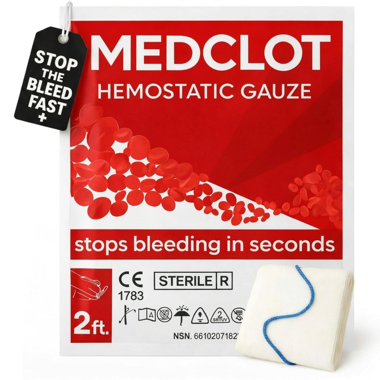 MEDCLOT Hemostatic Gauze – Stops Bleeding Fast - Blood Clotting Bandage with Kaolin - Bleed Stop for Wounds & Emergencies - Sterile Compressed Dressing, 2ft Roll, Expires 2029
