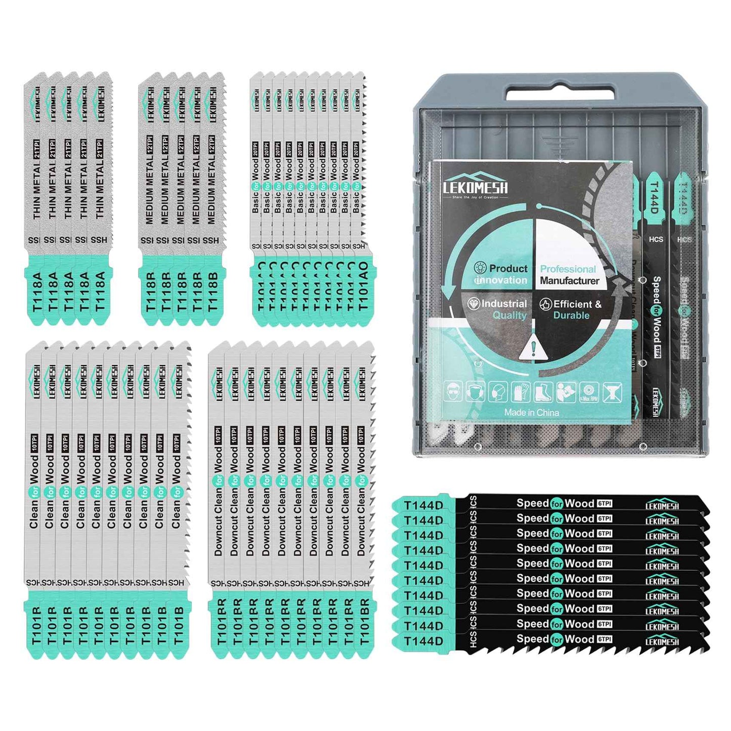 LEKOMESH 50 PCS Contractor Jigsaw Blades Set - Assorted T-Shank Jig Saw Blades for Wood, Plastic and Metal Cutting(T118A,T118B,T101AO,T101B,T101BR,T144D)